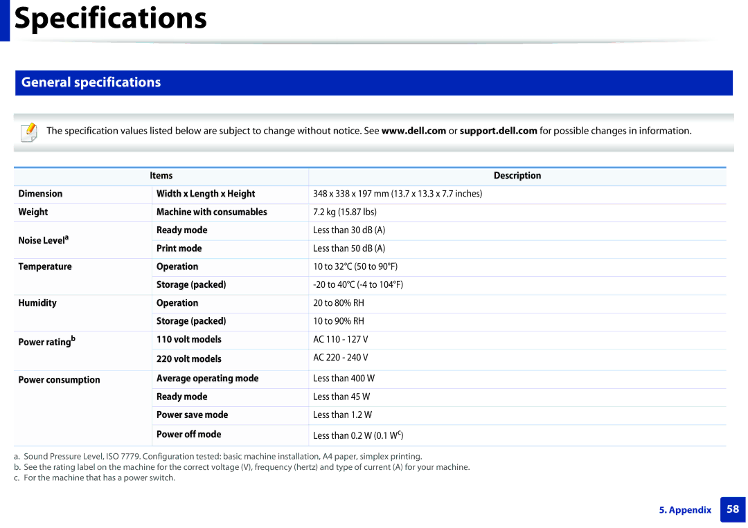 Dell B1260DN manual Specifications, General specifications 