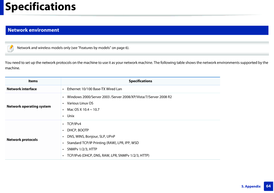 Dell B1260DN Network environment, Items Specifications Network interface, Network operating system, Network protocols 