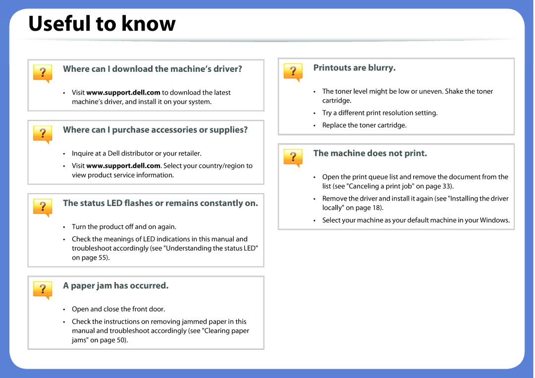 Dell B1260DN manual Useful to know, Status LED flashes or remains constantly on 