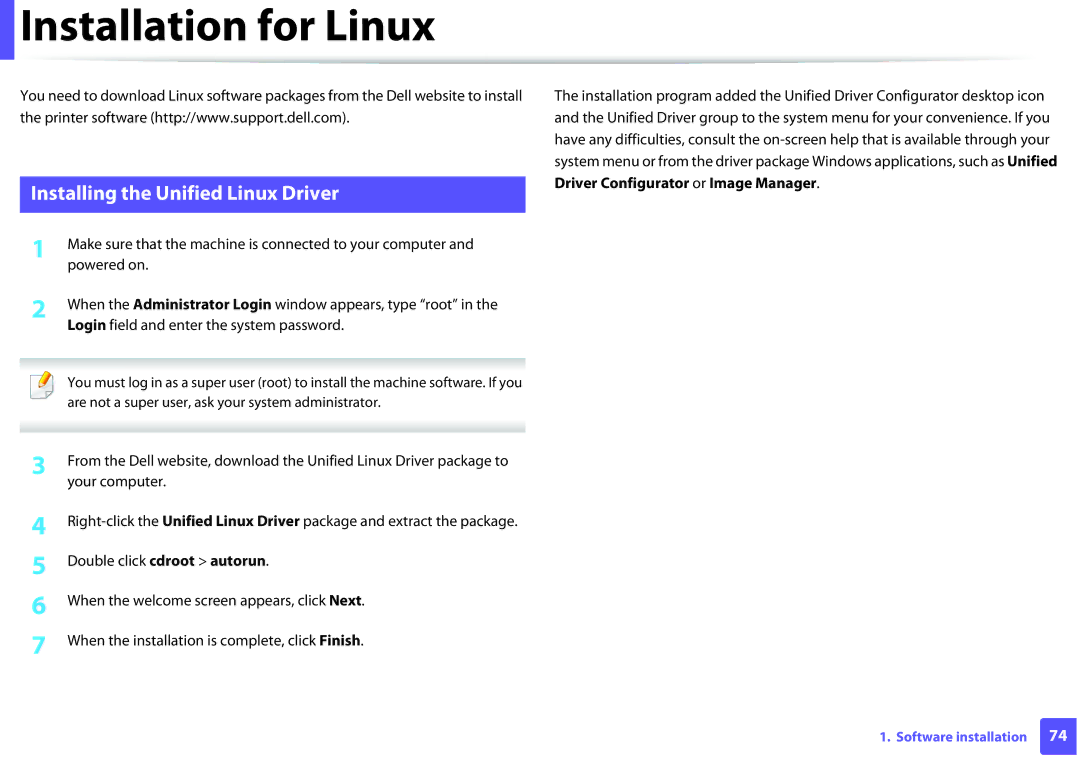 Dell B1260DN manual Installation for Linux, Installing the Unified Linux Driver 