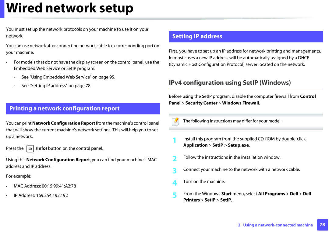 Dell B1260DN manual Wired network setup, IPv4 configuration using SetIP Windows, Printing a network configuration report 