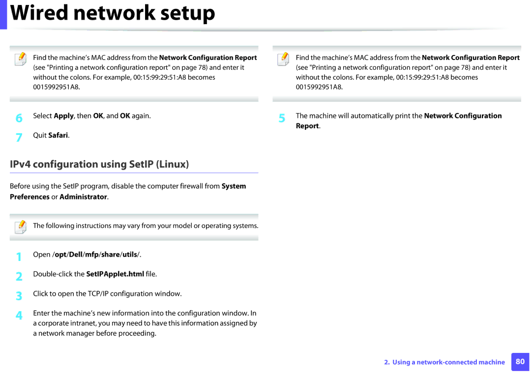 Dell B1260DN IPv4 configuration using SetIP Linux, Report, Preferences or Administrator, Open /opt/Dell/mfp/share/utils 