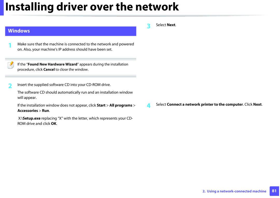 Dell B1260DN manual Installing driver over the network, Select Connect a network printer to the computer. Click Next 