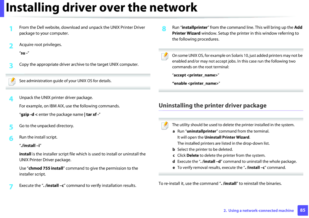 Dell B1260DN manual Uninstalling the printer driver package, Accept printername enable printername 