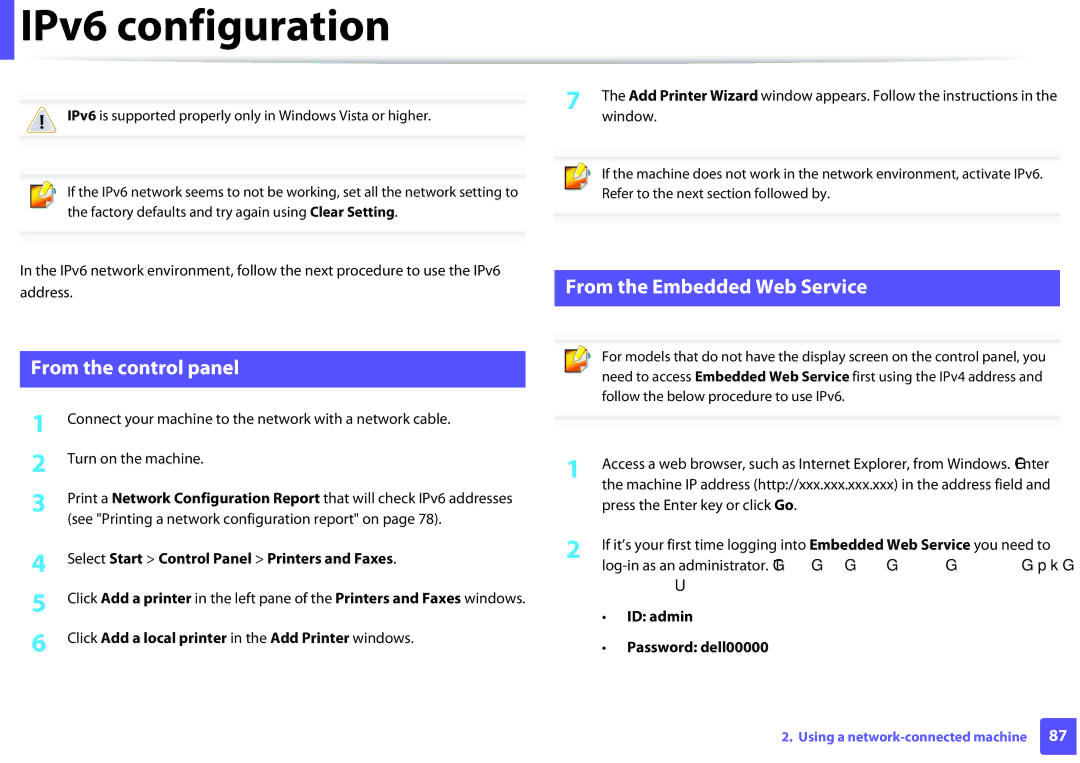 Dell B1260DN manual IPv6 configuration, From the control panel, From the Embedded Web Service 