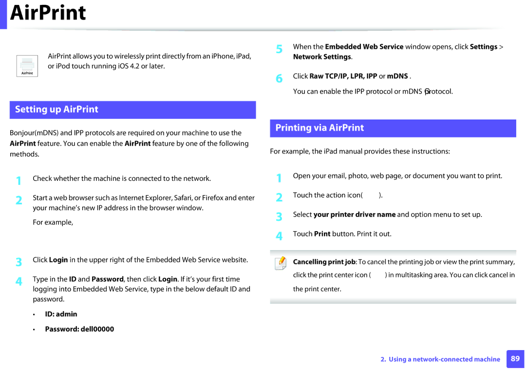 Dell B1260DN manual Printing via AirPrint, Network Settings, Click Raw TCP/IP, LPR, IPP or mDNS 