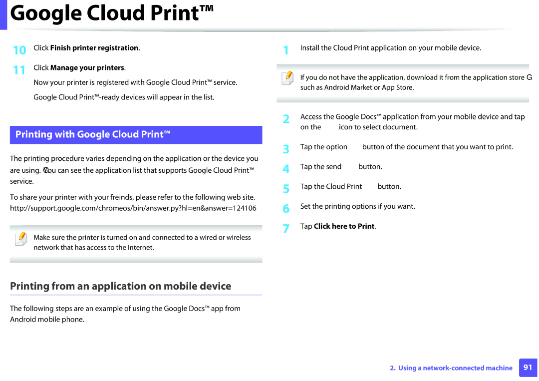 Dell B1260DN Printing from an application on mobile device, Printing with Google Cloud Print, Click Manage your printers 