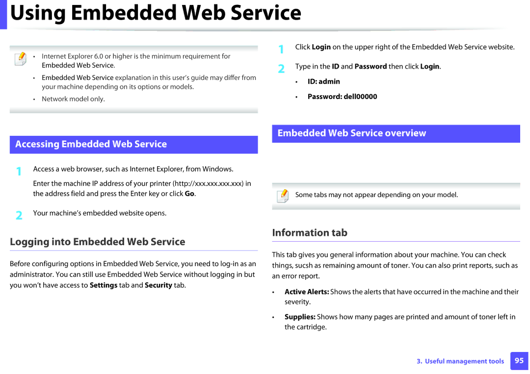 Dell B1260DN Using Embedded Web Service, Logging into Embedded Web Service, Information tab, Embedded Web Service overview 