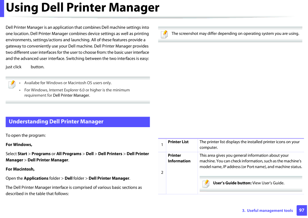 Dell B1260DN manual Using Dell Printer Manager, Understanding Dell Printer Manager 