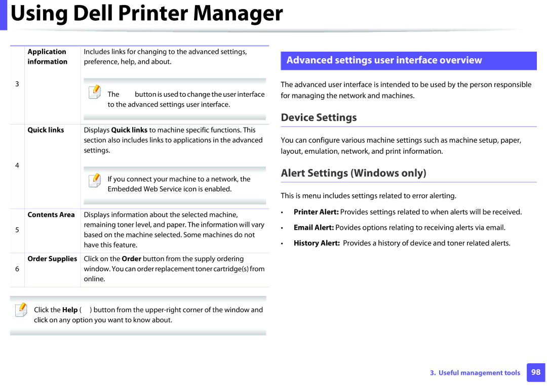 Dell B1260DN manual Device Settings, Alert Settings Windows only, Advanced settings user interface overview 