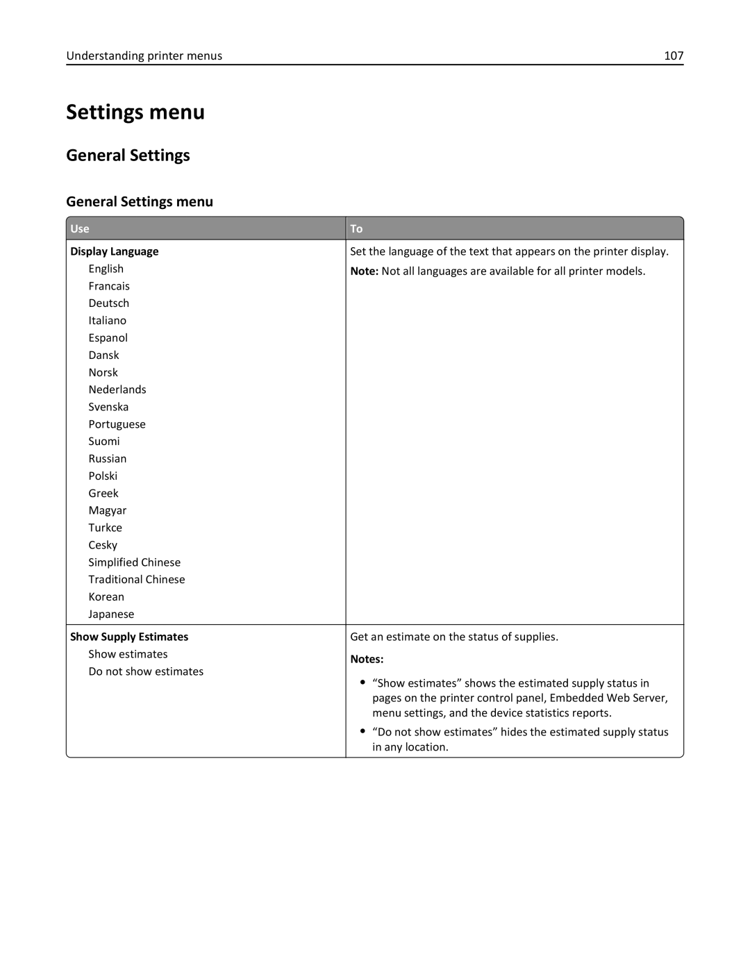 Dell B5460DN manual General Settings menu, Understanding printer menus 107 