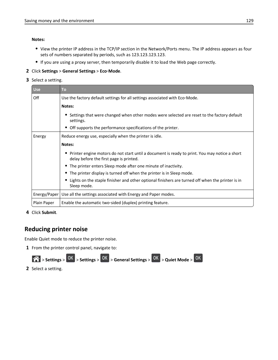 Dell B5460DN manual Reducing printer noise, Click Settings General Settings Eco‑Mode, Select a setting 