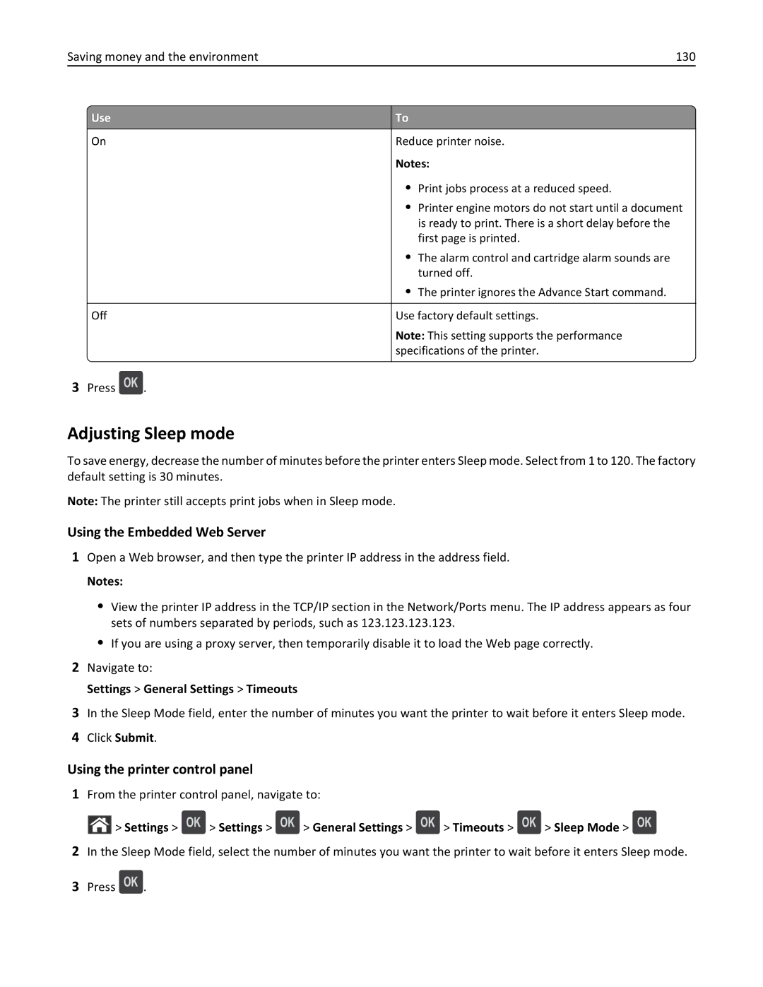 Dell B5460DN manual Adjusting Sleep mode, Saving money and the environment 130, Settings General Settings Timeouts 