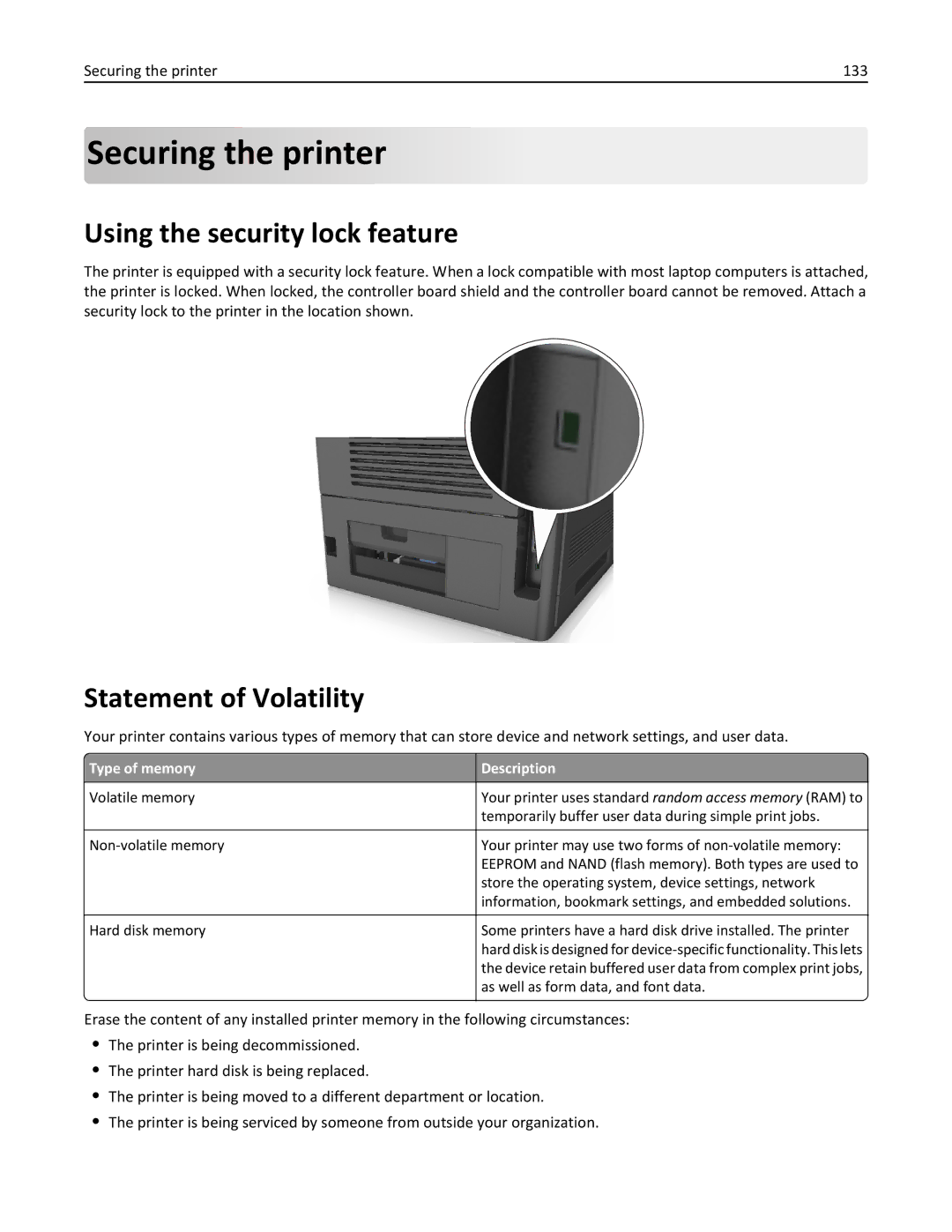 Dell B5460DN manual Using the security lock feature, Statement of Volatility, Securing the printer 133 