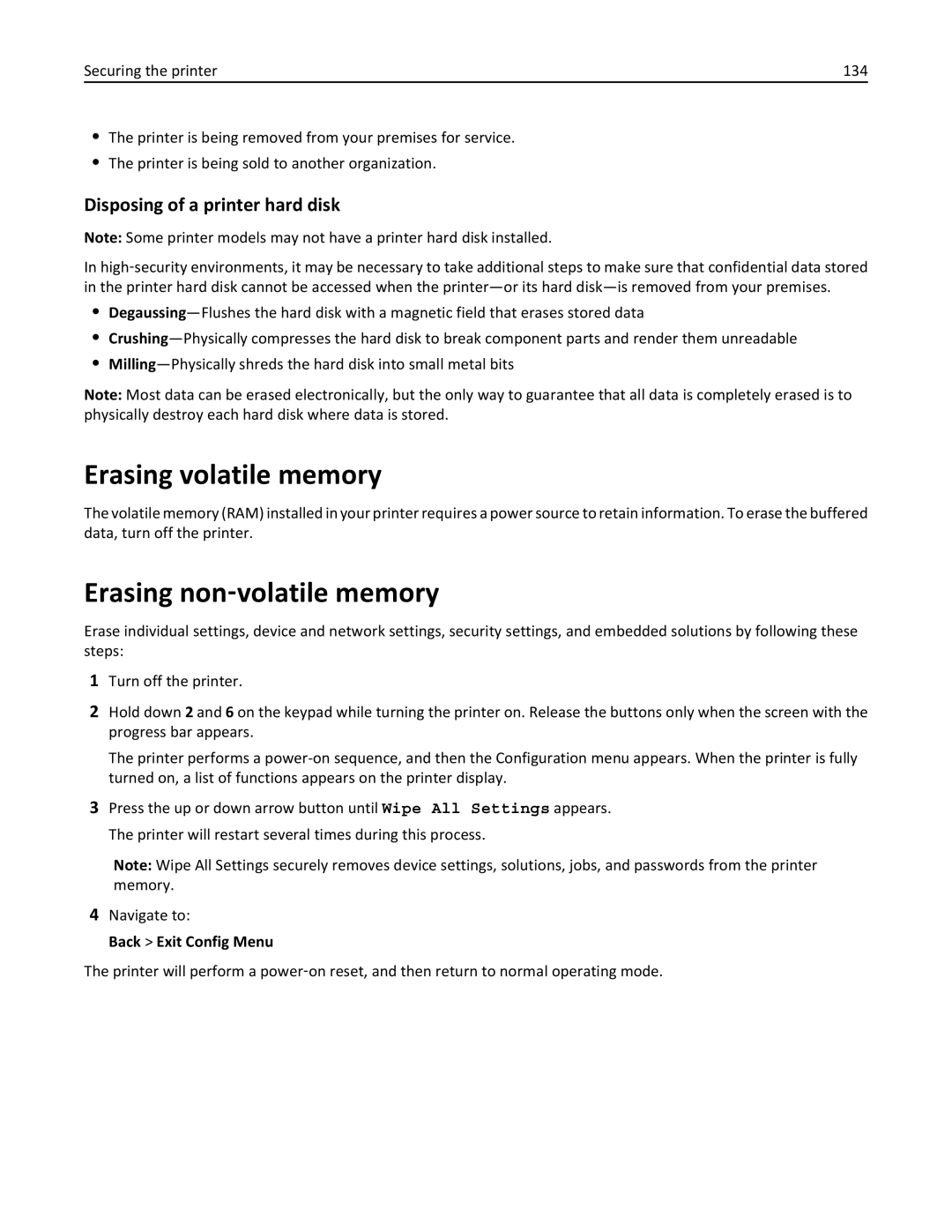 Dell B5460DN Erasing volatile memory, Erasing non‑volatile memory, Disposing of a printer hard disk, Back Exit Config Menu 