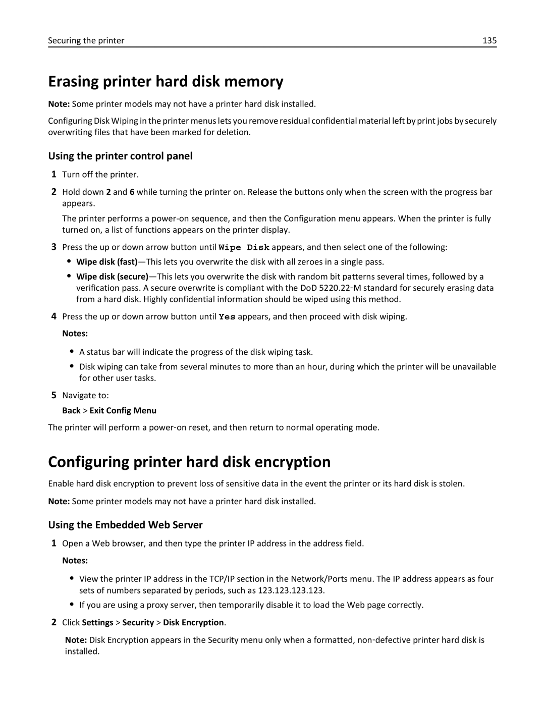 Dell B5460DN Erasing printer hard disk memory, Configuring printer hard disk encryption, Using the printer control panel 