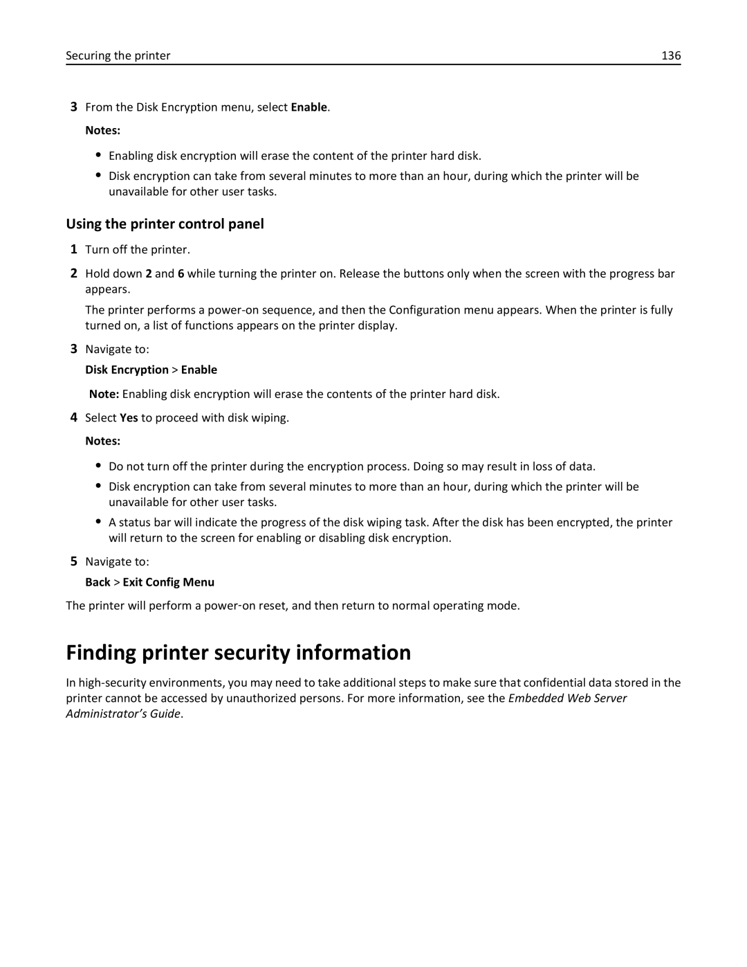 Dell B5460DN manual Finding printer security information, Disk Encryption Enable 