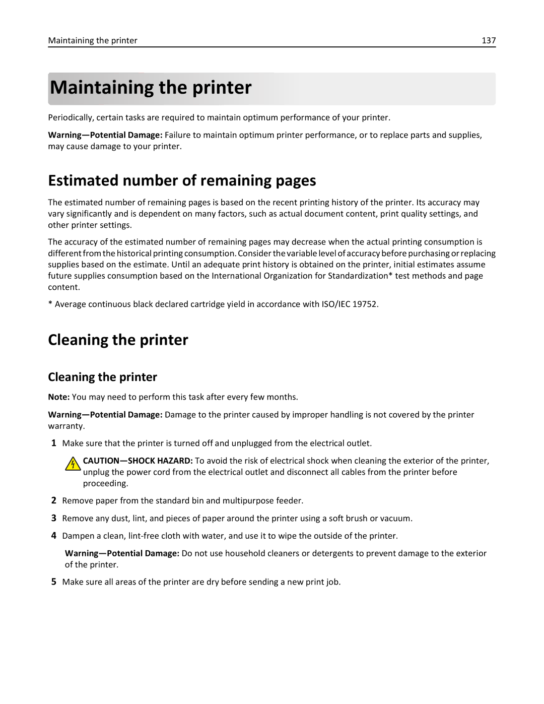 Dell B5460DN manual Maintaining the printer, Estimated number of remaining pages, Cleaning the printer 