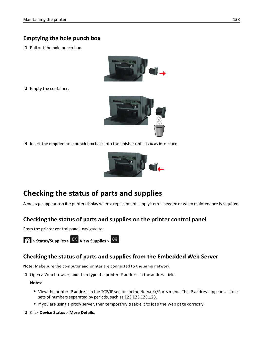 Dell B5460DN manual Checking the status of parts and supplies, Emptying the hole punch box, Maintaining the printer 138 