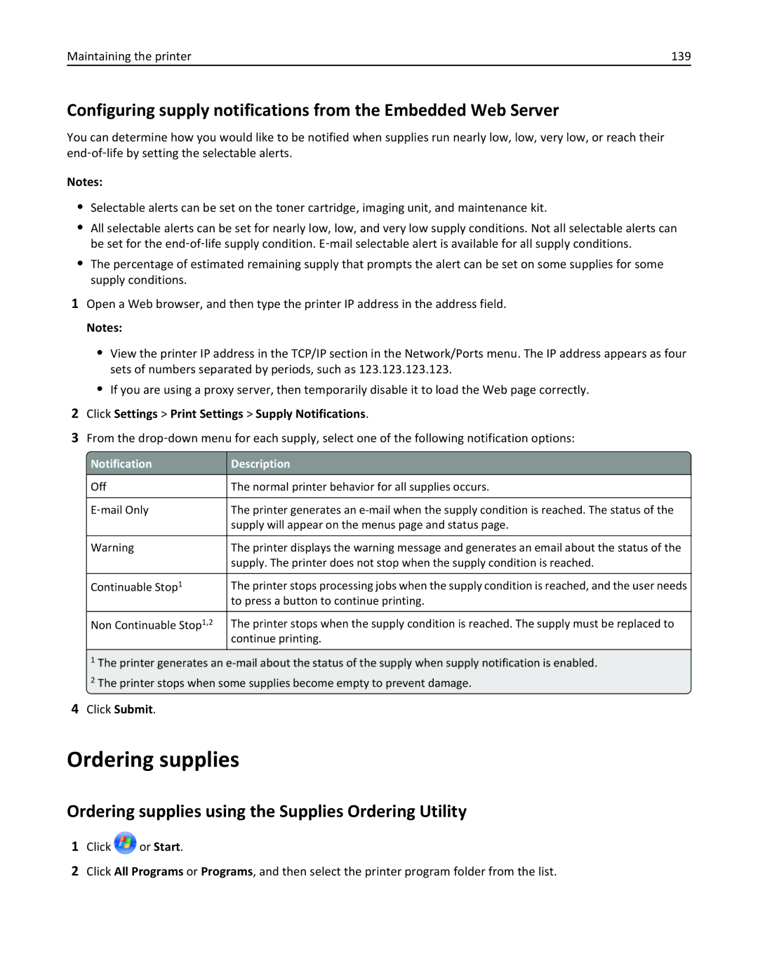 Dell B5460DN manual Ordering supplies using the Supplies Ordering Utility, Maintaining the printer 139 