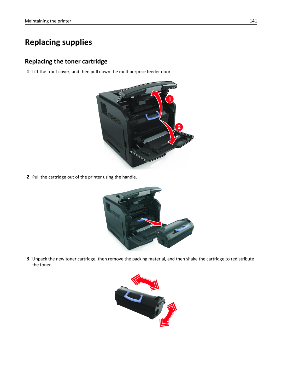 Dell B5460DN manual Replacing supplies, Replacing the toner cartridge, Maintaining the printer 141 