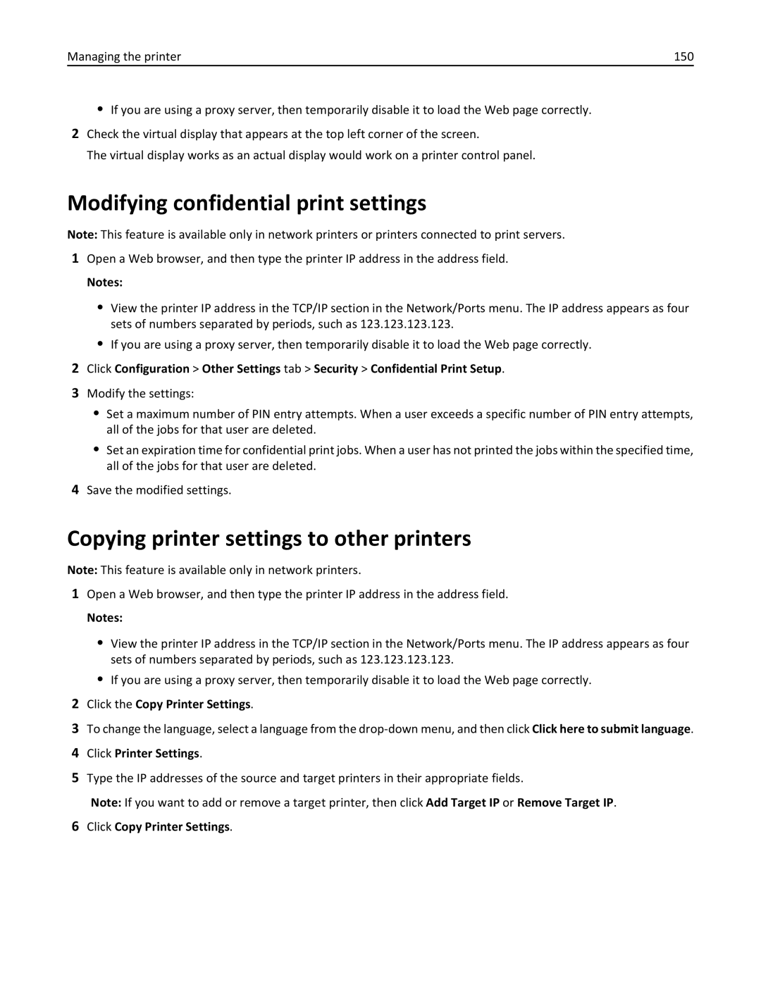 Dell B5460DN Modifying confidential print settings, Copying printer settings to other printers, Click Printer Settings 