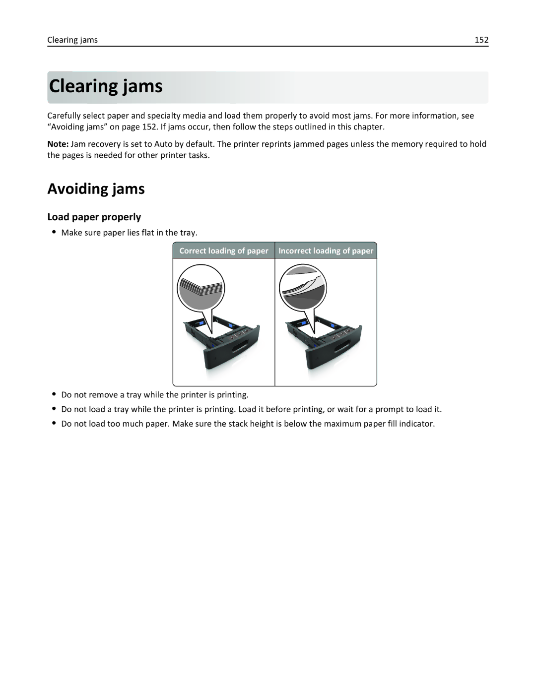 Dell B5460DN manual Avoiding jams, Load paper properly, Clearing jams 152, Make sure paper lies flat in the tray 