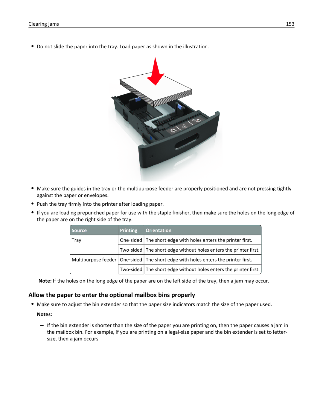 Dell B5460DN manual Allow the paper to enter the optional mailbox bins properly, Source Printing Orientation 