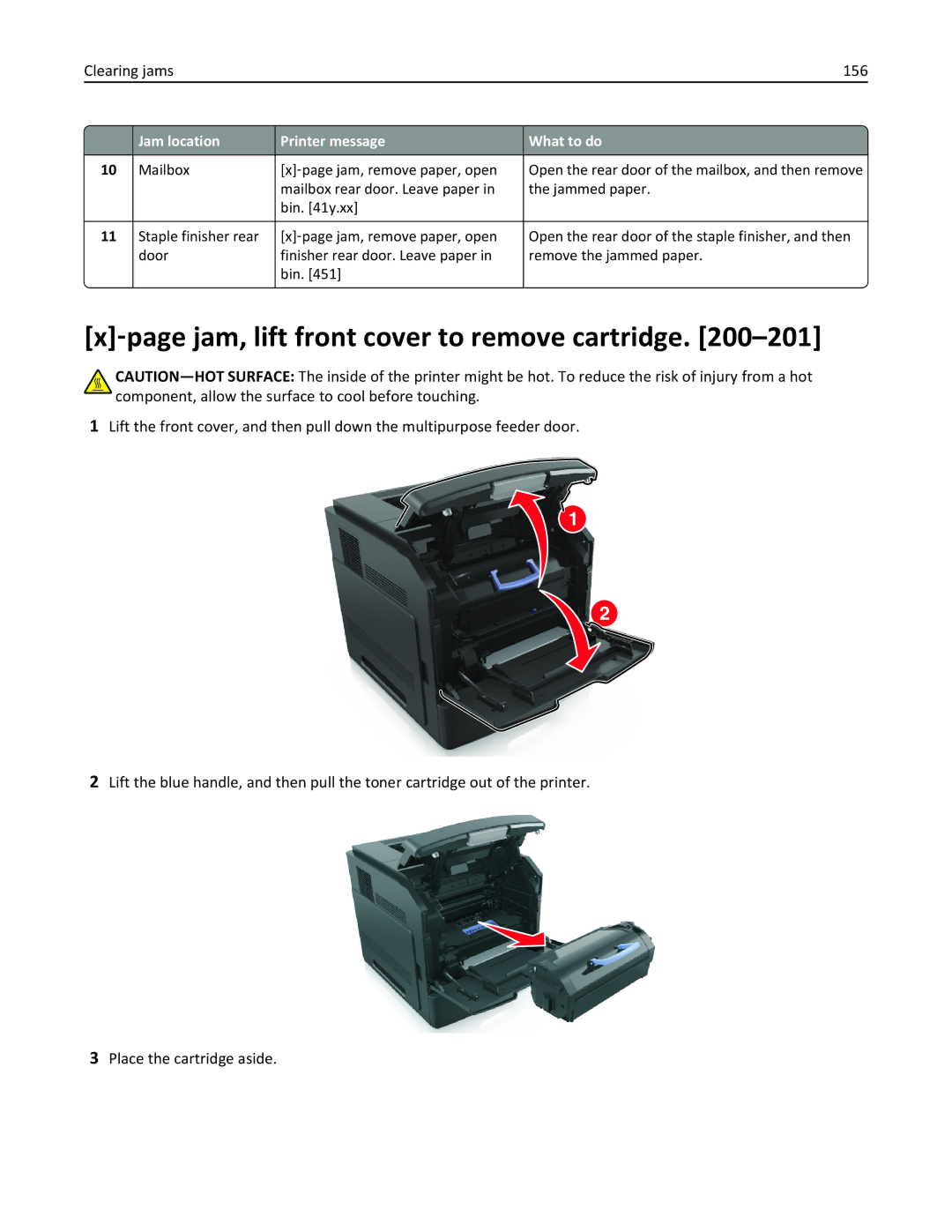 Dell B5460DN manual ‑page jam, lift front cover to remove cartridge, Clearing jams 156 