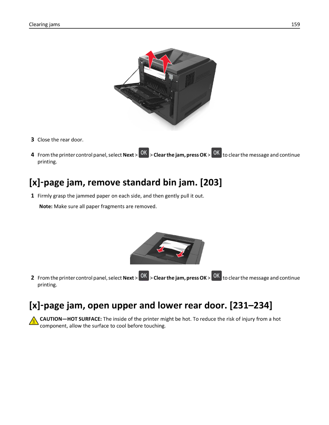 Dell B5460DN manual ‑page jam, remove standard bin jam, ‑page jam, open upper and lower rear door 