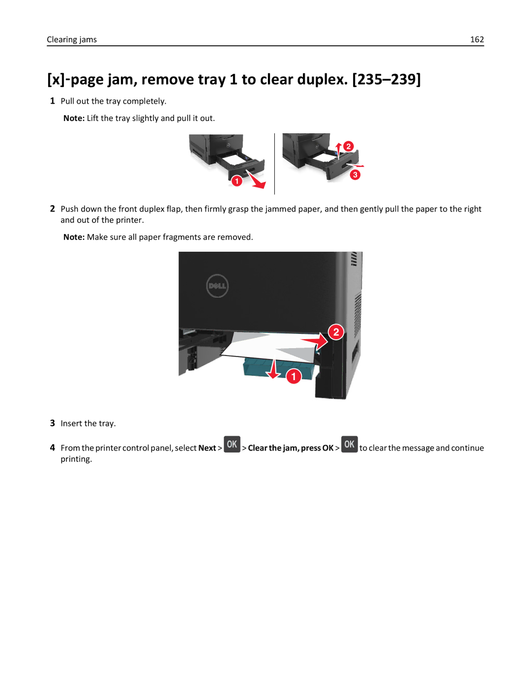 Dell B5460DN manual ‑page jam, remove tray 1 to clear duplex, Clearing jams 162 