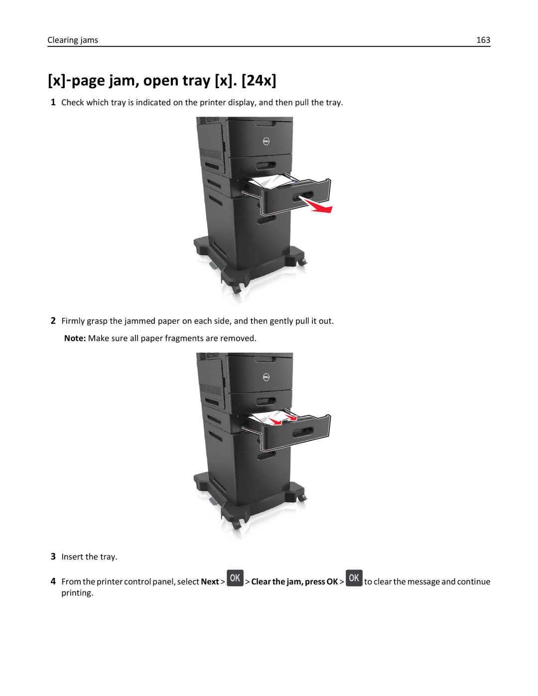 Dell B5460DN manual ‑page jam, open tray x, Clearing jams 163 