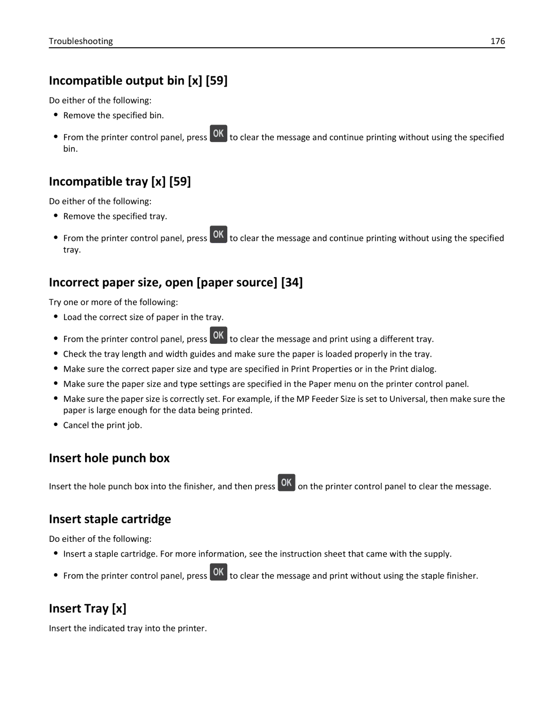 Dell B5460DN manual Incompatible output bin x, Incompatible tray x, Incorrect paper size, open paper source, Insert Tray 