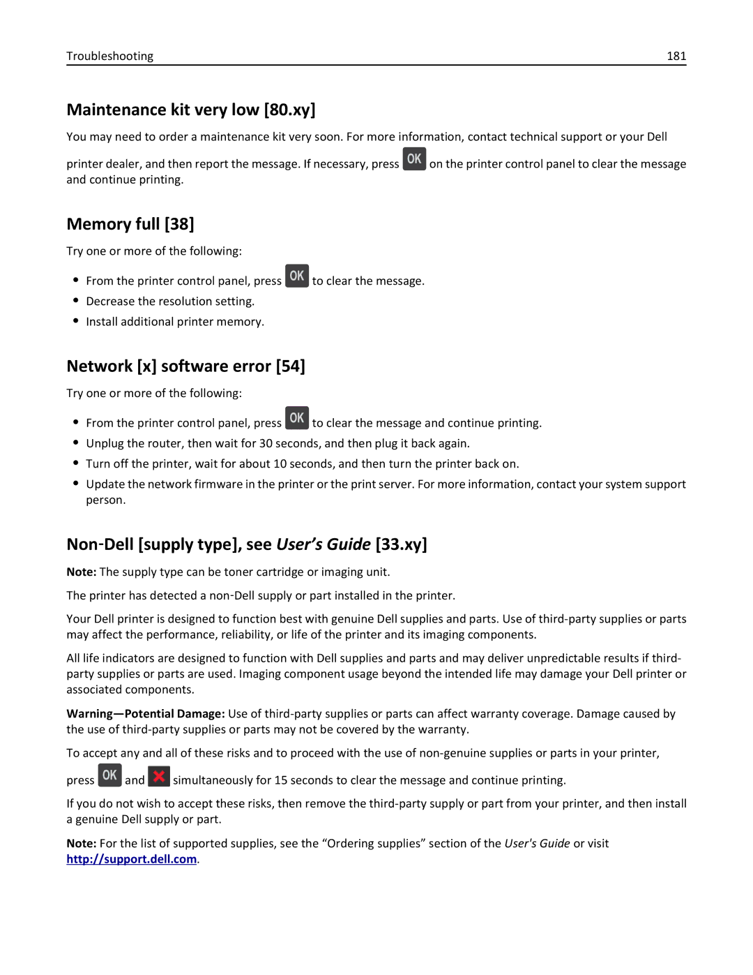 Dell B5460DN manual Maintenance kit very low 80.xy, Memory full, Network x software error, Troubleshooting 181 