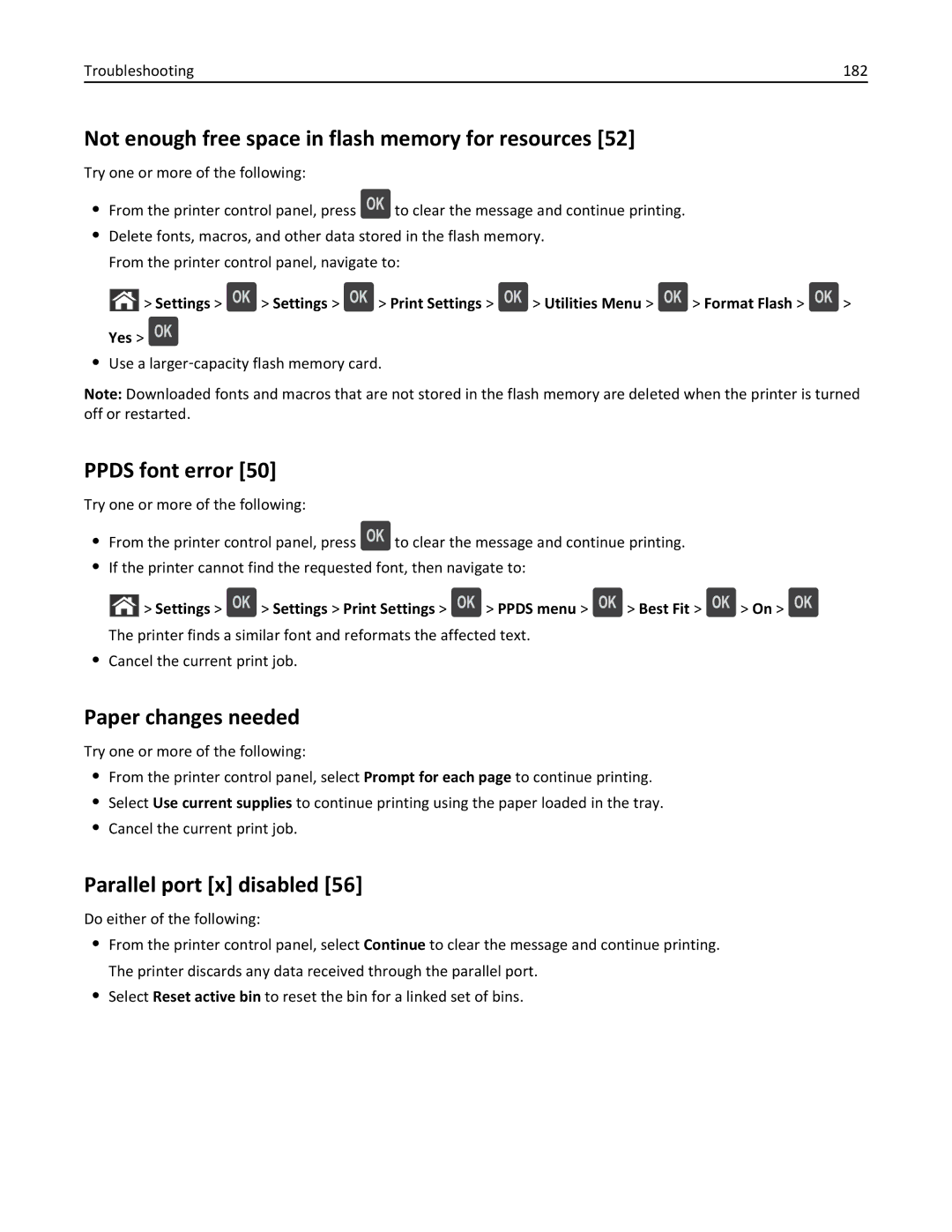 Dell B5460DN manual Not enough free space in flash memory for resources, Ppds font error, Paper changes needed 