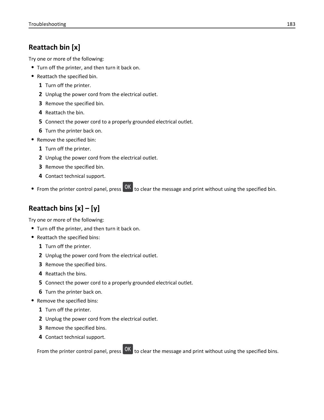 Dell B5460DN manual Reattach bins x y, Troubleshooting 183 