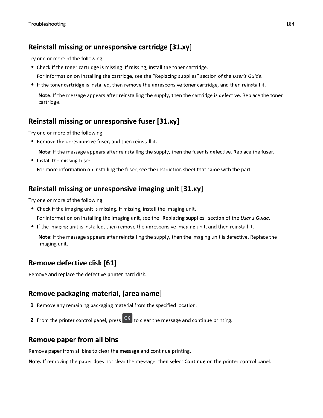 Dell B5460DN manual Reinstall missing or unresponsive cartridge 31.xy, Reinstall missing or unresponsive fuser 31.xy 