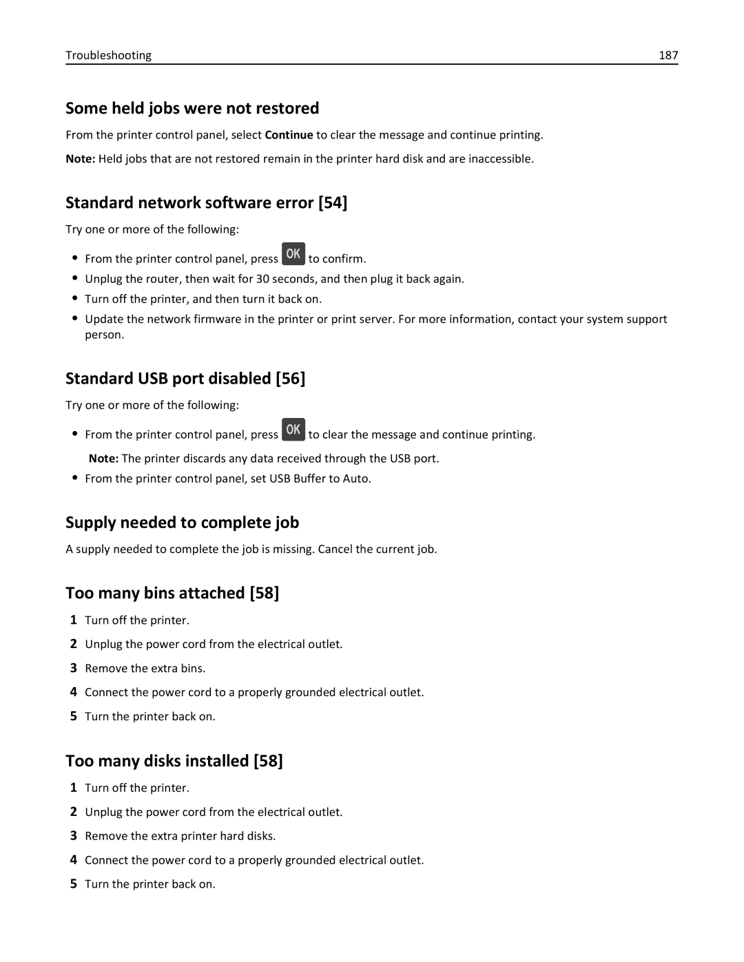 Dell B5460DN manual Some held jobs were not restored, Standard network software error, Standard USB port disabled 
