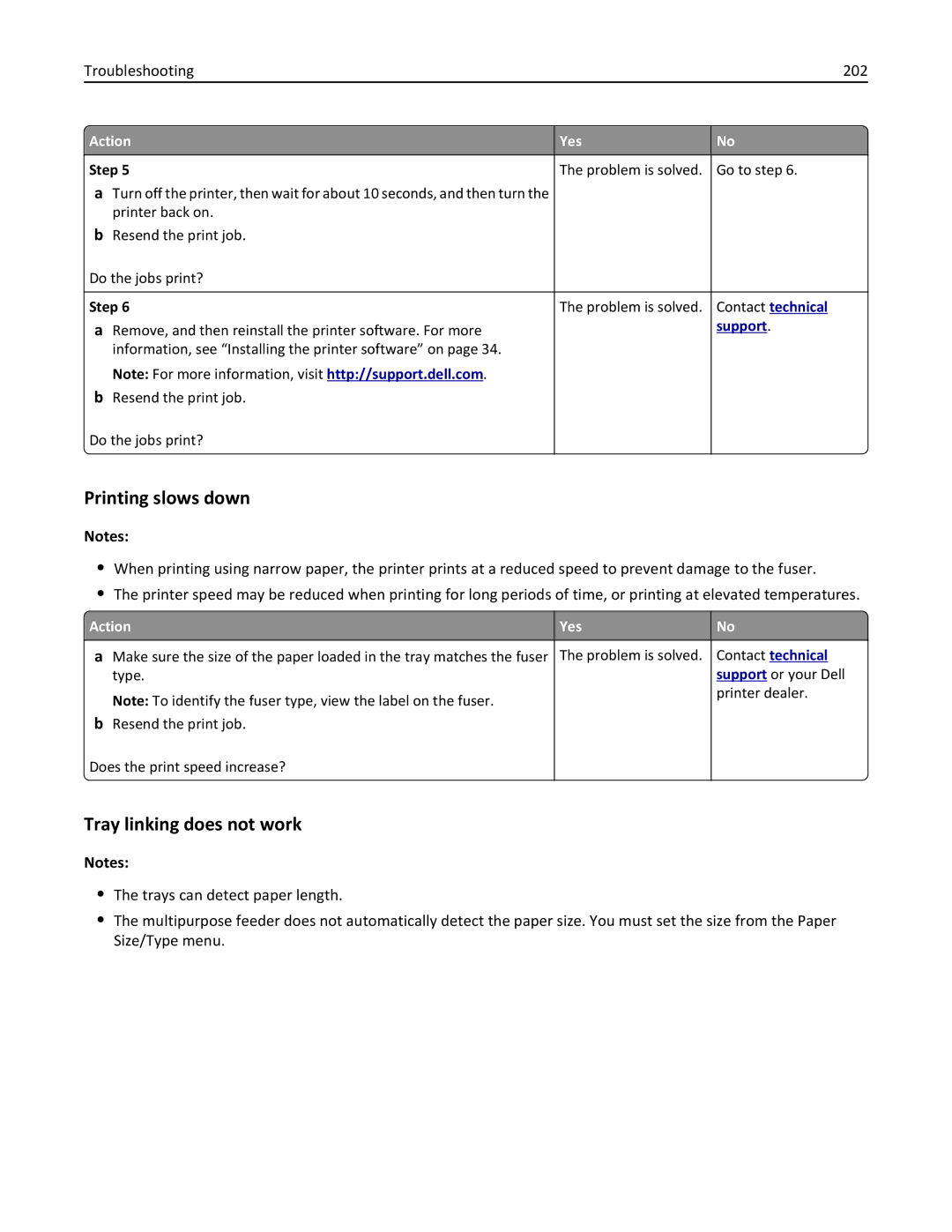 Dell B5460DN manual Printing slows down, Tray linking does not work 