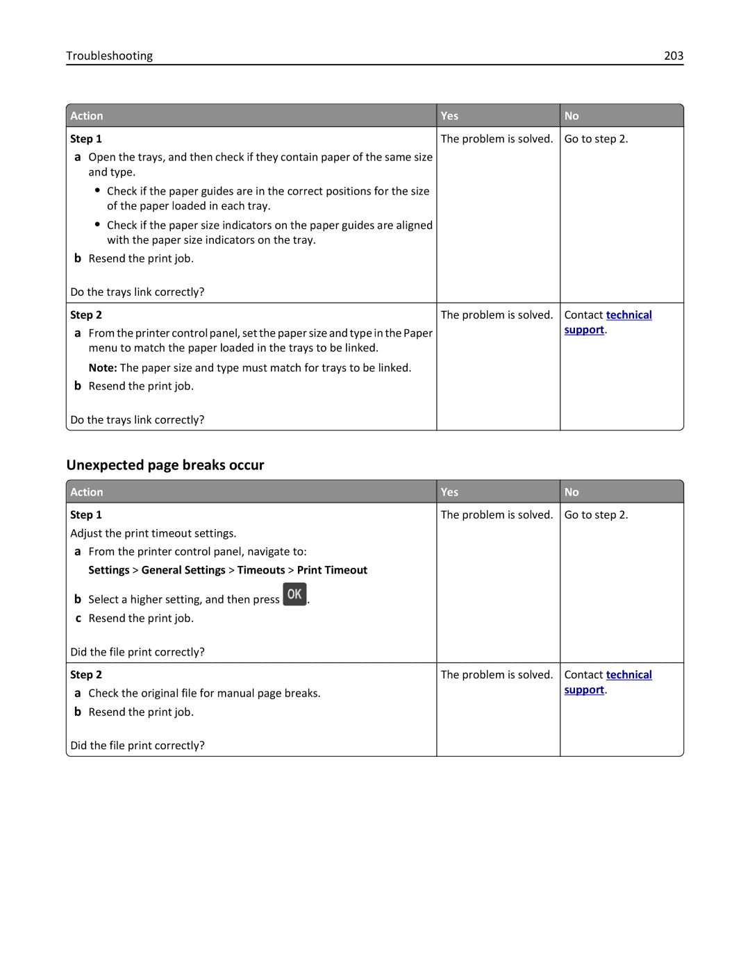 Dell B5460DN manual Unexpected page breaks occur, Settings General Settings Timeouts Print Timeout 