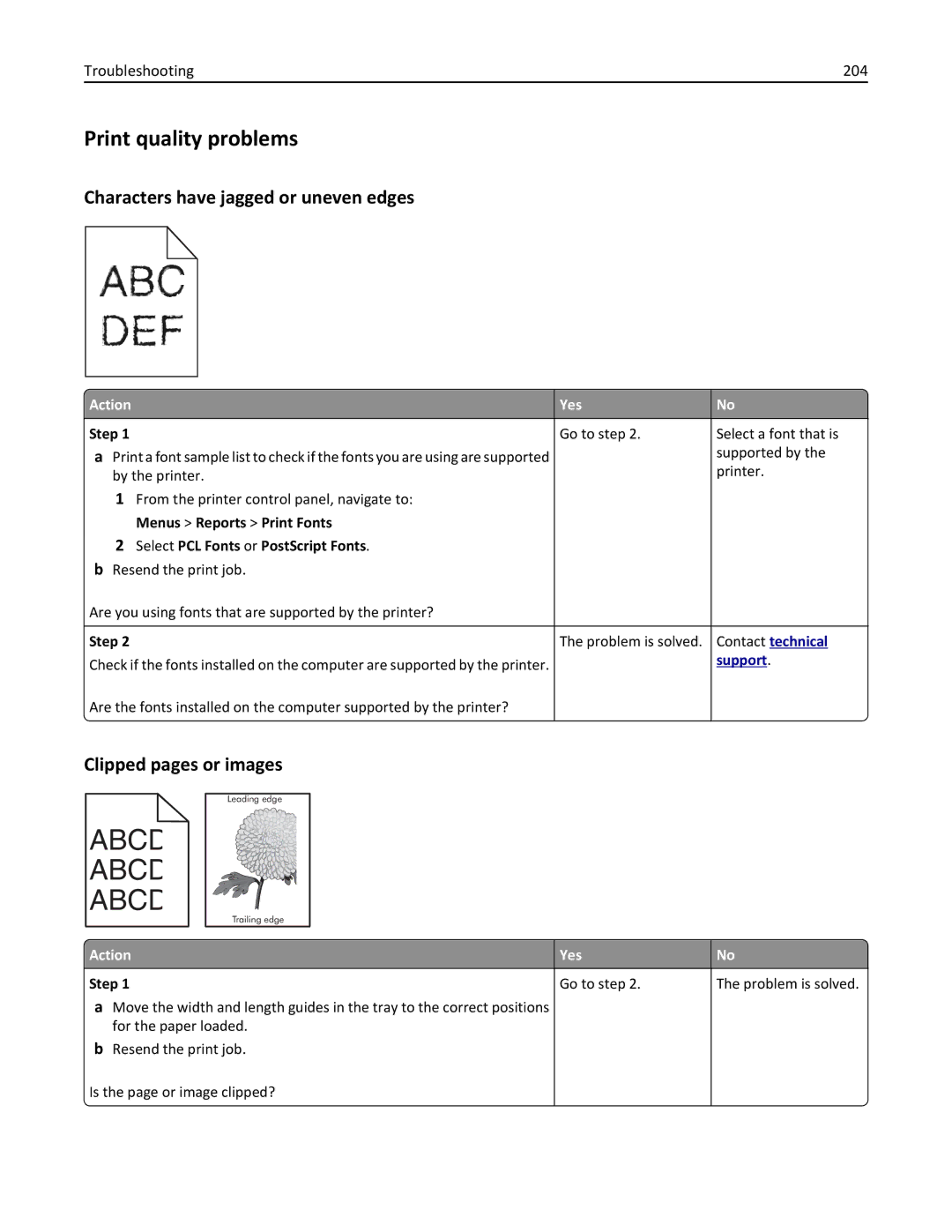 Dell B5460DN Print quality problems, Characters have jagged or uneven edges, Clipped pages or images, Troubleshooting 204 