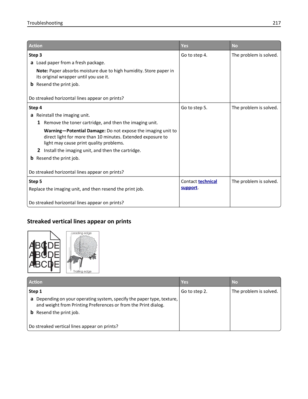 Dell B5460DN manual Streaked vertical lines appear on prints, Troubleshooting 217 