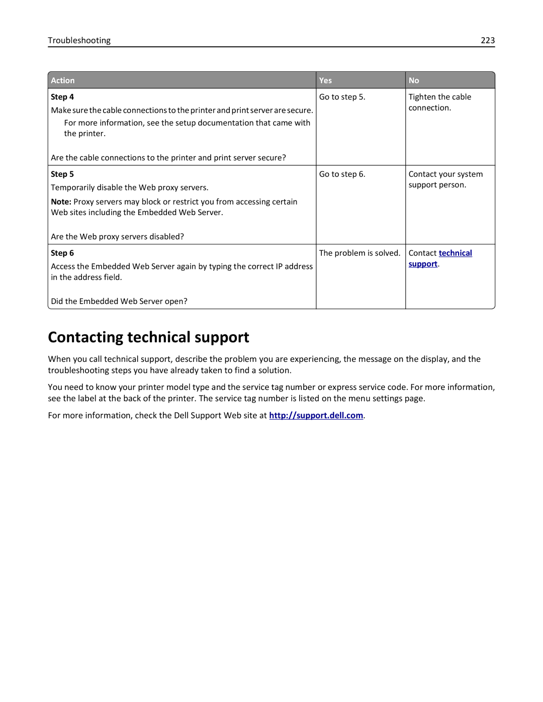 Dell B5460DN manual Contacting technical support, Troubleshooting 223 