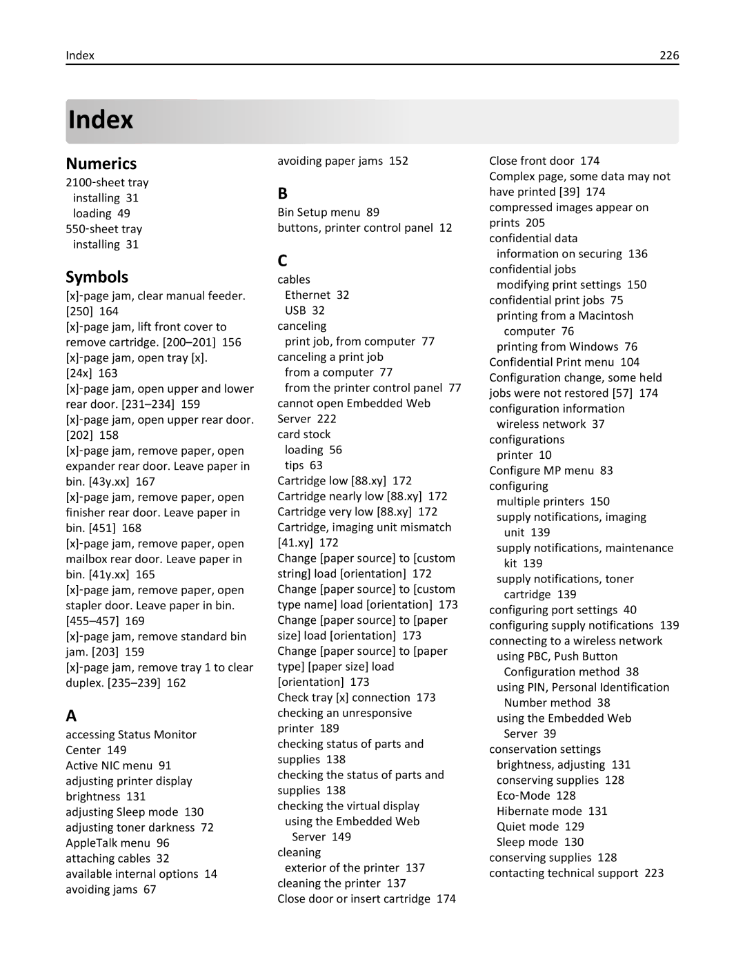 Dell B5460DN manual Numerics, Symbols, Index 226 