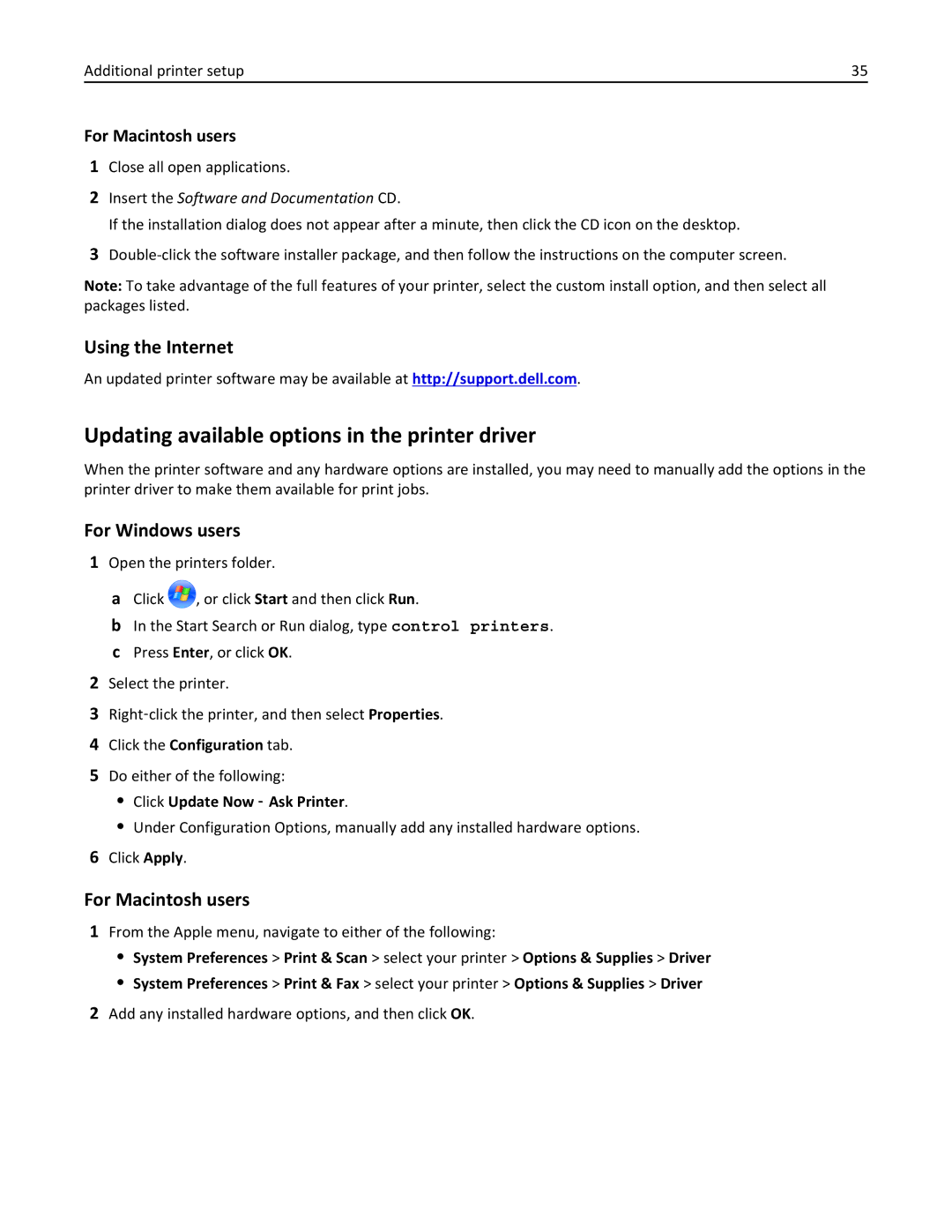 Dell B5460DN Updating available options in the printer driver, Using the Internet, For Windows users, For Macintosh users 