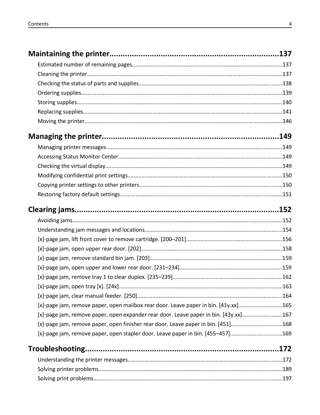 Dell B5460DN manual Maintaining the printer 137, Managing the printer 149, Clearing jams 152, Troubleshooting 172 