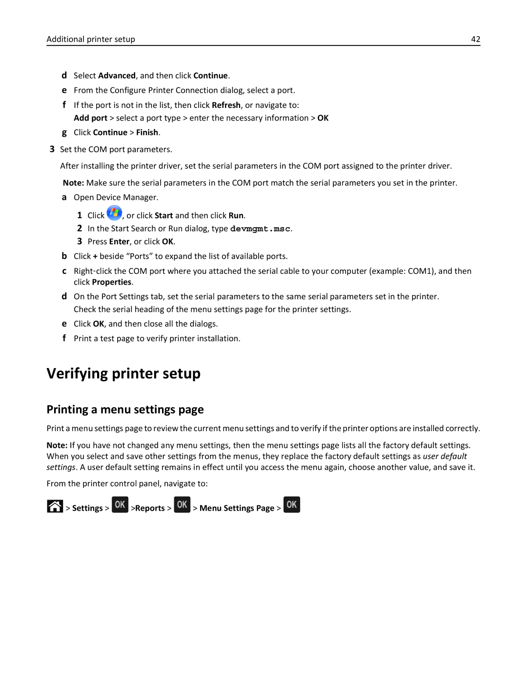 Dell B5460DN Verifying printer setup, Printing a menu settings, Click Continue Finish, Settings Reports Menu Settings 