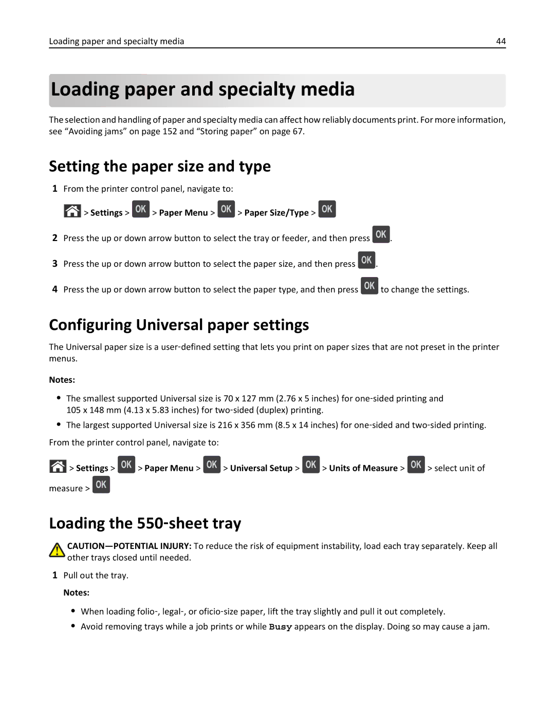 Dell B5460DN Loading paper and specialty media, Setting the paper size and type, Configuring Universal paper settings 