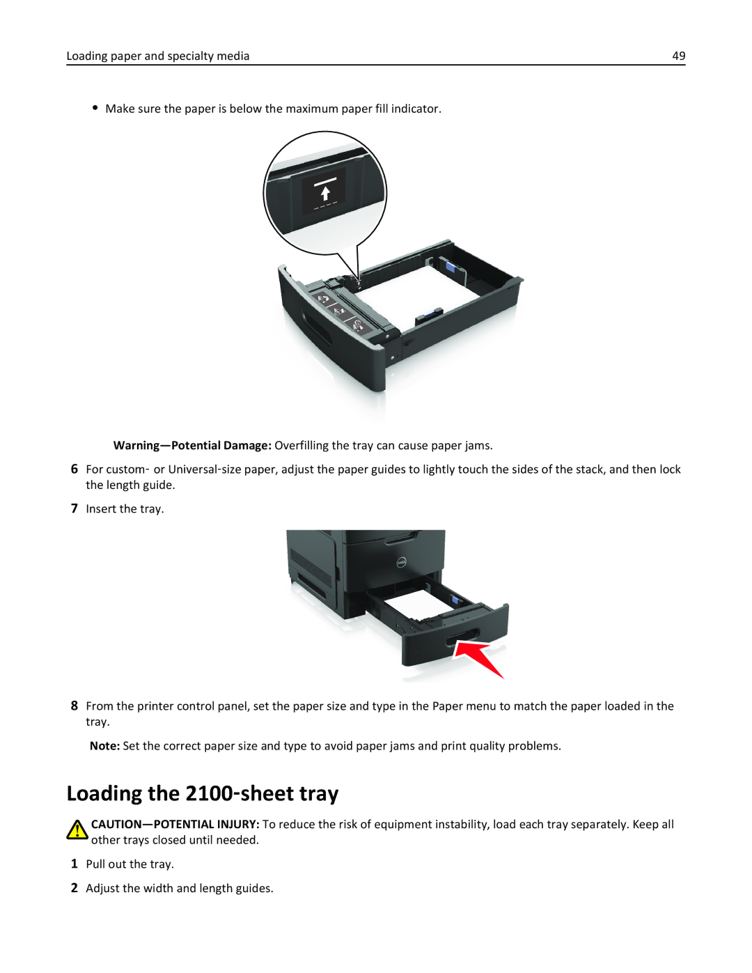 Dell B5460DN manual Loading the 2100‑sheet tray, Pull out the tray Adjust the width and length guides 