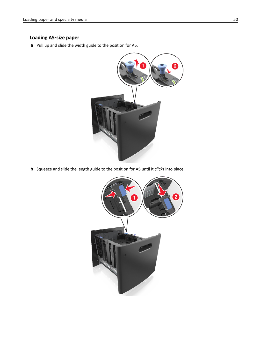 Dell B5460DN manual Loading A5‑size paper, Pull up and slide the width guide to the position for A5 